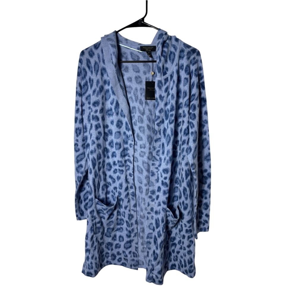 Charter club luxury 100% cashmere women's large leopard cheetah hooded cardigan
